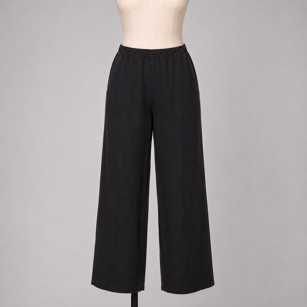 FLAX Jeanne Engelhart Size M Black 100% Linen Wide Leg Elastic Waist Pants